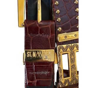 Vintage St. Maarten Dallas Brown Croc Embossed Gold Statement Belt